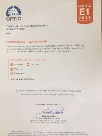 Centro de Gastroenterología logra certificación NORTIC E12018 que otorga OPTIC
